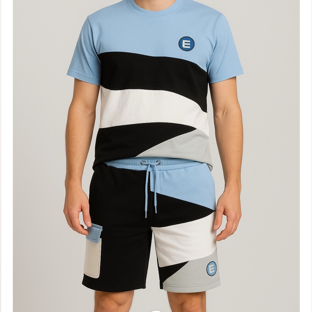 Men’s Baby Blue and Black Colorblock T-Shirt and Shorts Set
